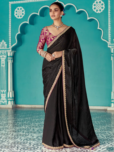 Enchanting Black Heavy Border Work Tissue Silk Reception Wear Saree